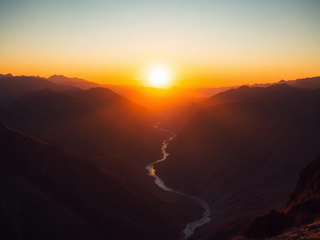 Mountain valley with a river at sunset